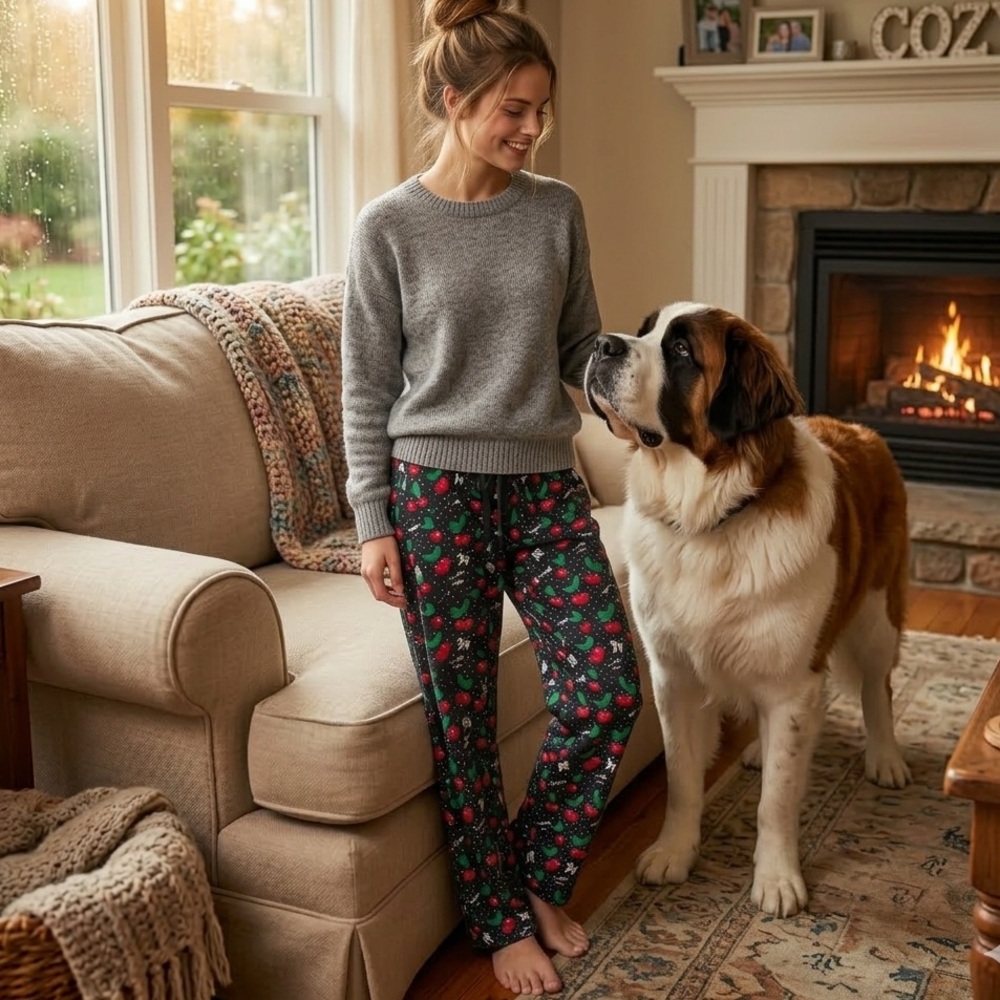 Big Dogs Saint Bernard silky Black & Red Cherry polkadot pattern design sz S SM